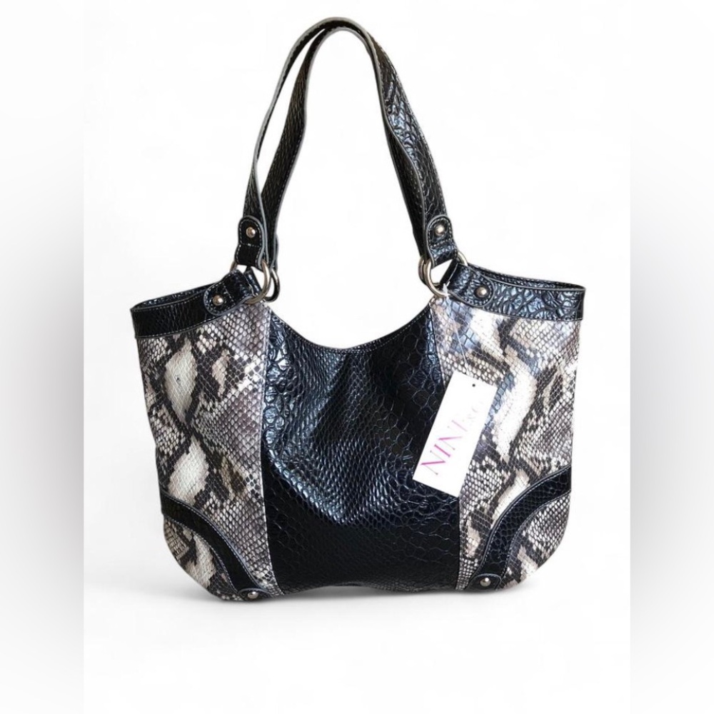 Y2K Nine & Co Black and Taupe Snake-Print Tote Bag New